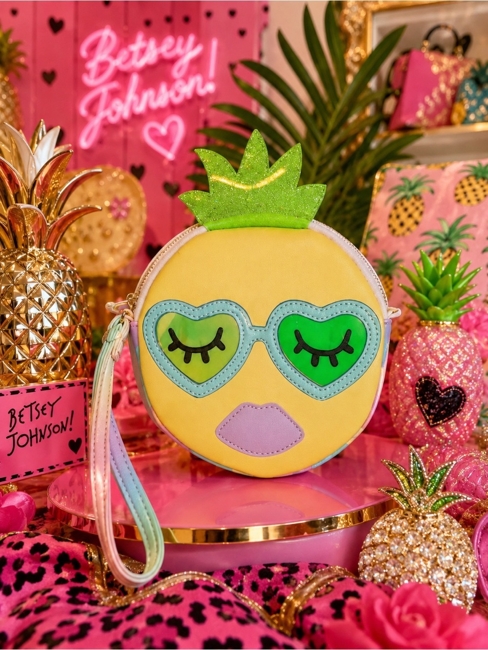 Betsey Johnson Yellow Pineapple Face Crossbody with Green Hearts